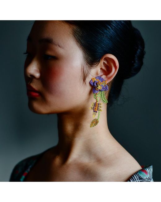 Nana Watanabe Multicolor Garden Snake Floral Embroidered Earrings