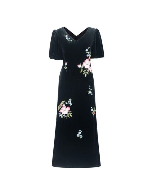 Silk and Bears Black Hand-Embroidered Silk Velvet Puff-Sleeve Maxi Dress — Floral — Velvet Atelier