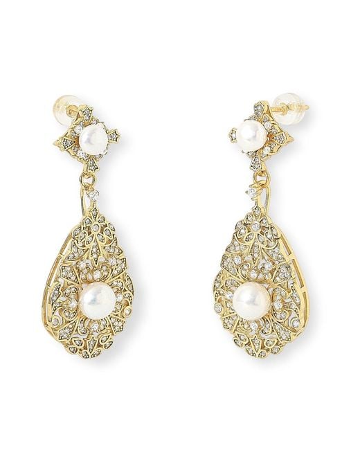 Pearls of the Orient Online Metallic Stella Vintage Style Pave Plated Drop Earrings With Cultured Freshwater Pearls
