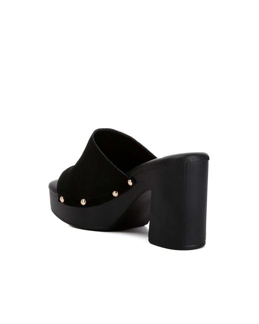 Rag & Co Black Cartera Soft Suede High Block Heel Clogs