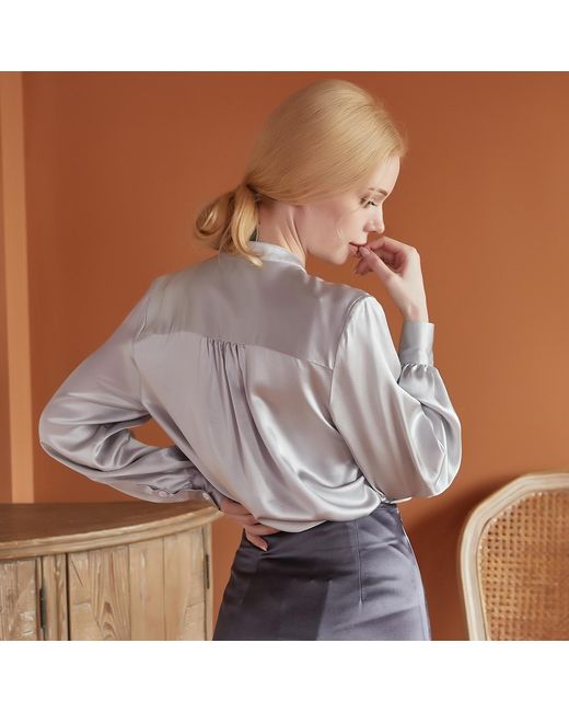Soft Strokes Silk Gray Pure Silk Long Sleeve Banded Collar Blouse
