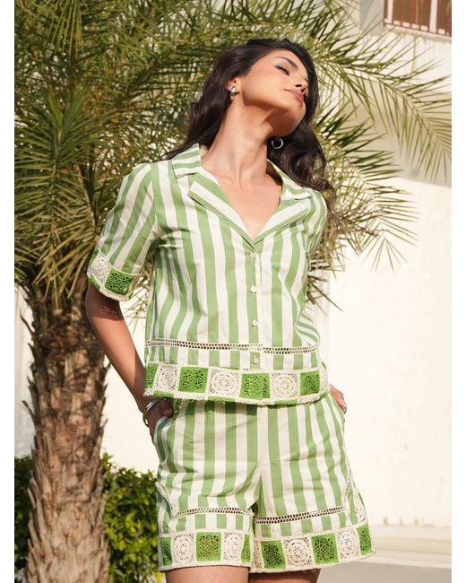 Rose & Nancy Green Helena Stripe Crochet Trim Cotton Resort Shirt