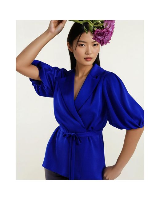 Femponiq Blue Draped Puff Sleeve Belted Blouse