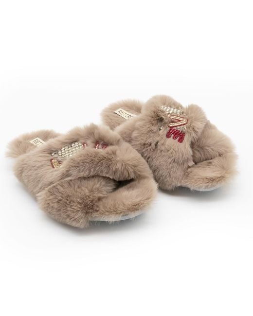 Rettrose Natural Neutrals Valentina Luxury Plush Diamanté Embellished Handmade Slipper