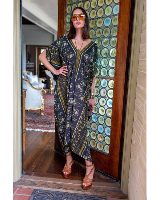Jennafer Grace Green Caspian Paisley Border Caftan