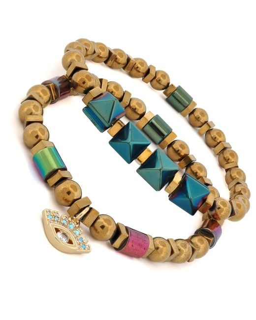 Ebru Jewelry Metallic Evil Eye Charm Fashion Style Hematite Beaded Bracelet Set