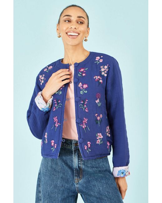 Yumi' Blue Floral Embroidery Cotton Jacket