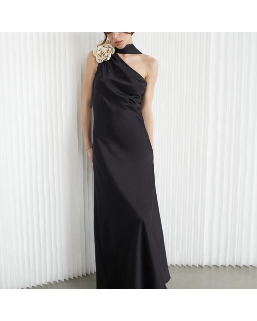 Vasiliki Atelier Black Portia One-sleeve Dress Noir With Crystallised Floral Cream Corsage