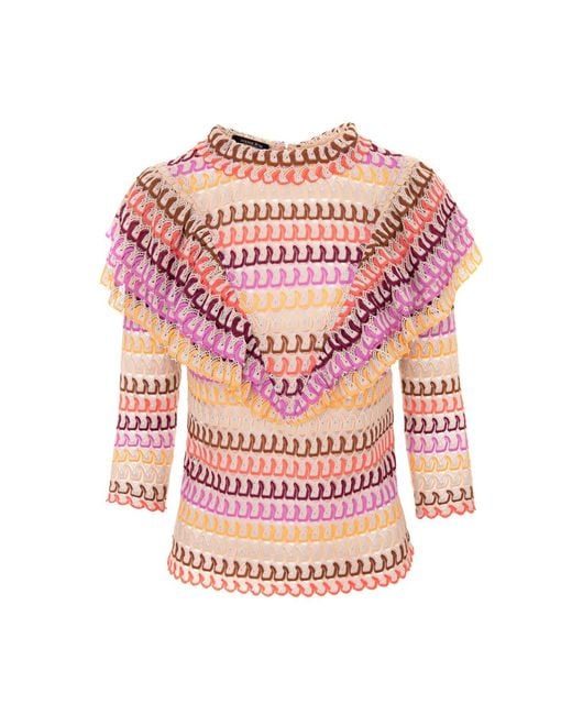 AVENUE No.29 Pink Sheer Stripe Lace Ruffle Blouse