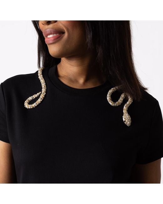 House of Laines London Black Laines Couture T-Shirt Dress With Embellished Crystal Pearl Wrap Around Snake