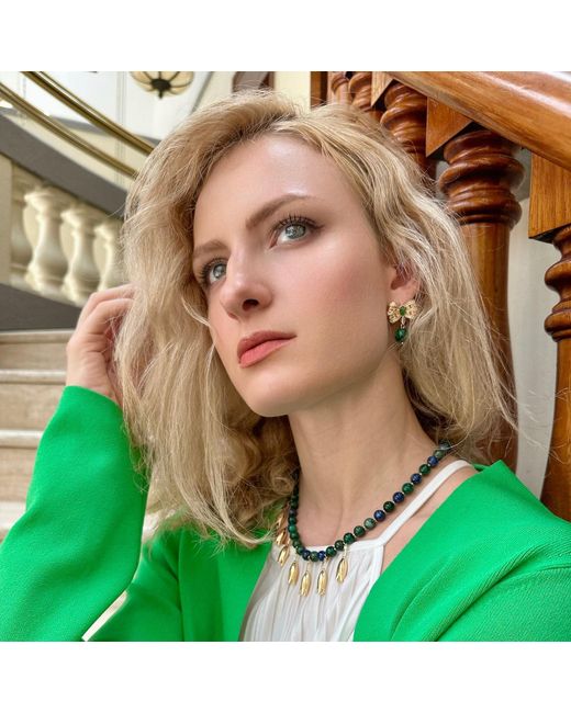 Farra Green Butterfly Bow With Malachite Dangle Earrings