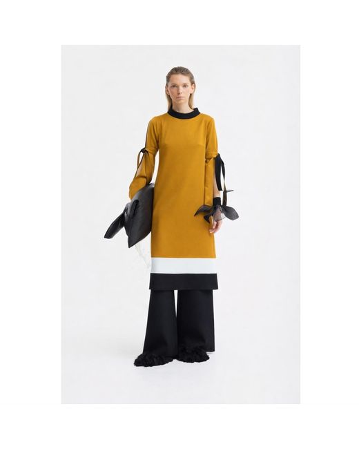 Julia Allert Yellow Designer Straight Slit-Sleeve Midi Dress – Mustard