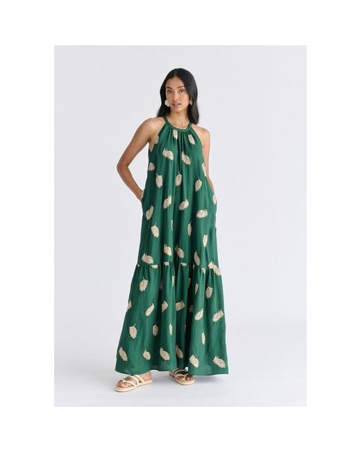 Paisie Green Leaf Embroidered Halterneck Maxi Dress