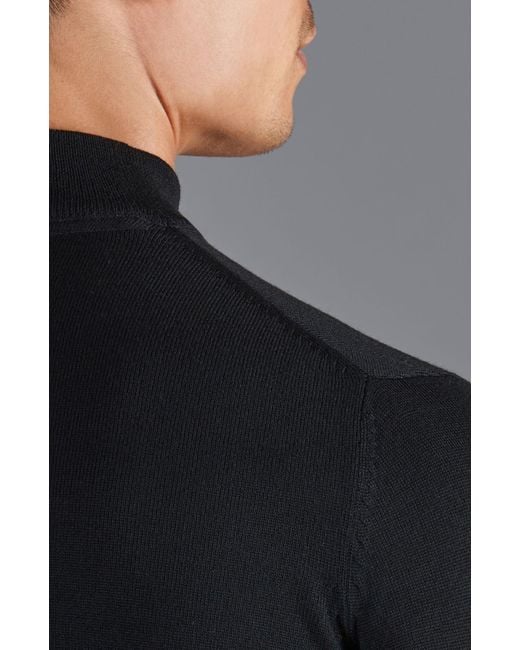 Paul James Knitwear Blue Extra Fine Merino Wool Shaw Mock Turtleneck Jumper for men