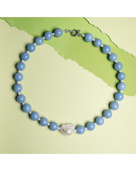 Silver Moon Blue Sterling Necklace Sky Murmur With Gemstones, Natural Seed Pearls And Baroque Pearl