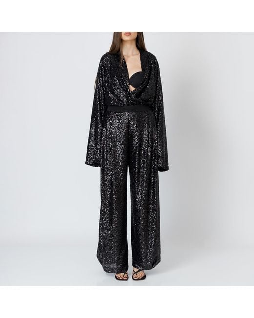 LIA ARAM Black Wrap-Around Sequin Cropped Trousers