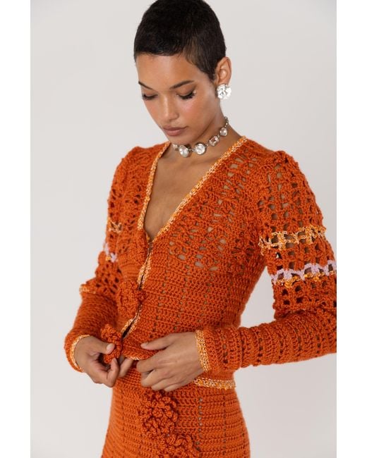 Andreeva Red Chrysanthemum Terracotta Handmade Crochet Cardigan