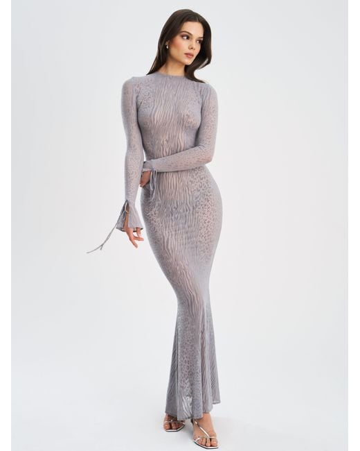 Miss Circle New York Gray Waylynn Animal Print Burnout Velvet Detail Mesh Backless Maxi Dress