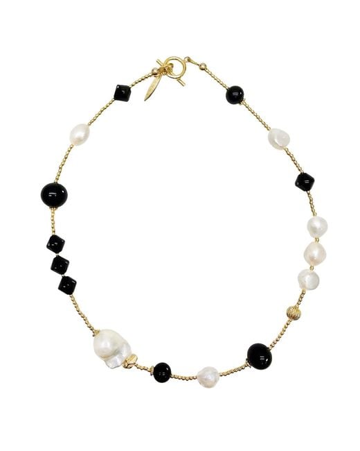 Farra Metallic Obsidian And Pearls Double Layers Bracelet Or Choker