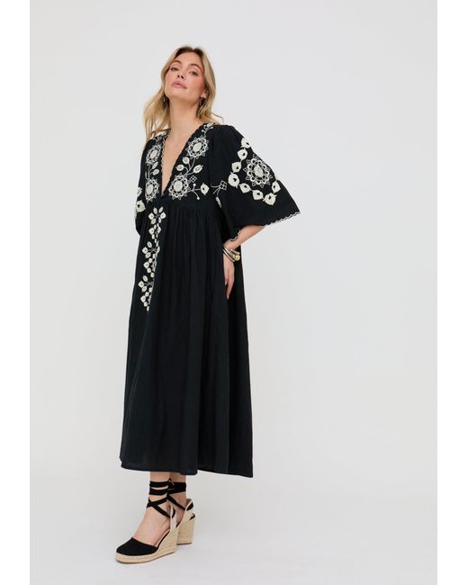 Raffya Black Arianna V- Neck Embroidered Maxi Dress