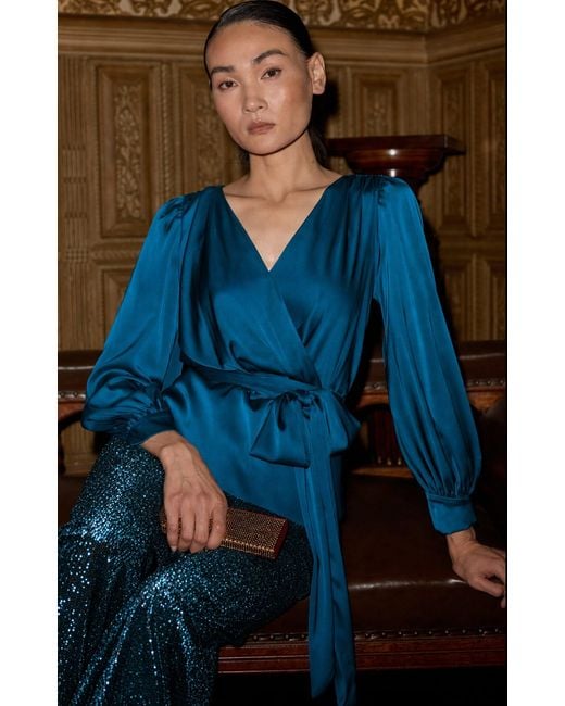 SACHA DRAKE Blue Satin Faux Wrap Top