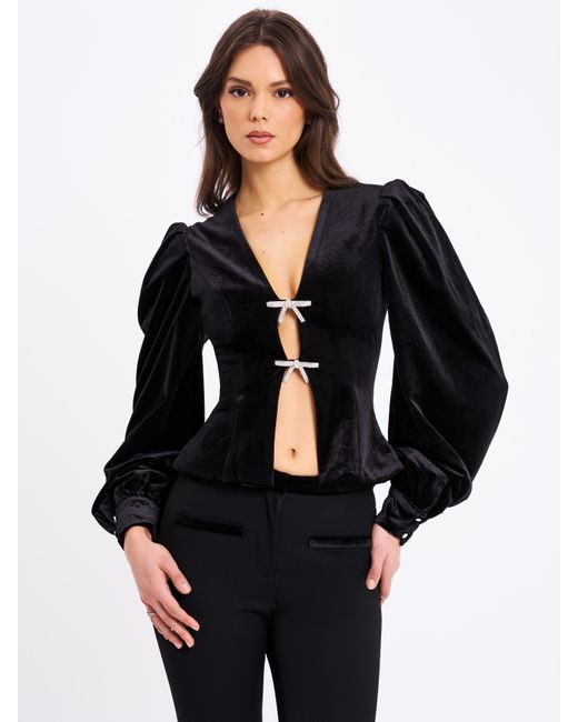 Miss Circle New York Black Krista Velvet Lantern Sleeve Top With Crystal Bow