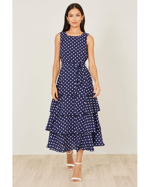 Yumi' Blue Spot Tiered Midi Dress