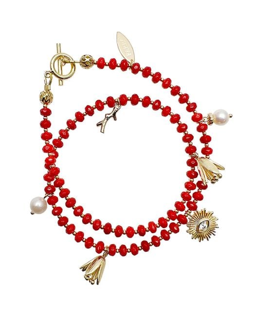 Farra Red Double Layer Coral With Evil Eye Charm Multi-Way Bracelet