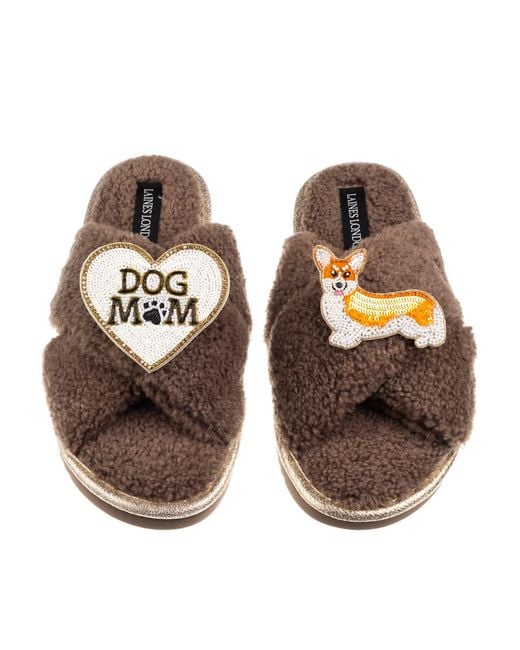 Laines London Brown Neutrals Boucle Slippers With Dog Mum/Mom & Peach The Corgi Brooches