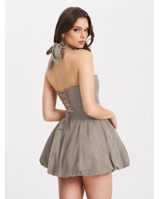 Miss Circle New York Gray Neutrals Dacia Plaid Halter Lace-Up Bubble Mini Dress
