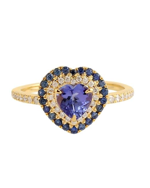 Artisan Blue Natural Tanzanite & Sapphire Diamond Heart Ring Solid 18k Yellow Gold