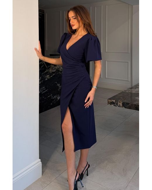 Girl In Mind Blue Freya Puff Sleeve Wrap Neck Ruched Midi