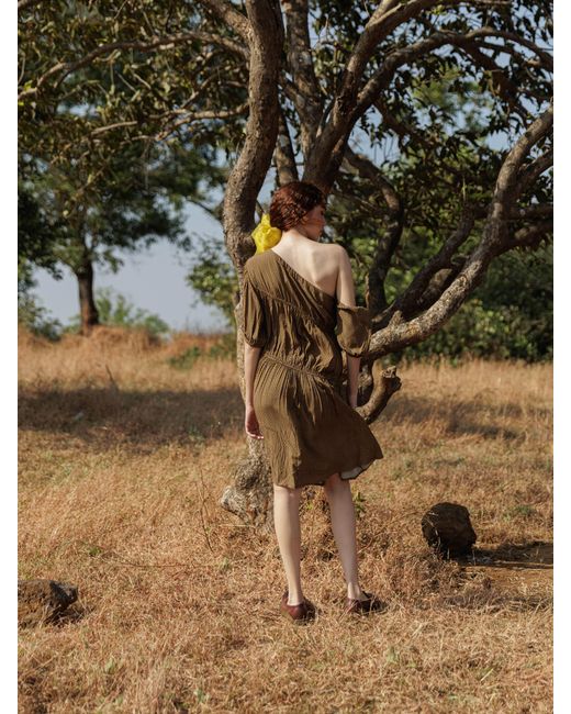 Maison Qala Brown Ochre Bloom Midi Dress
