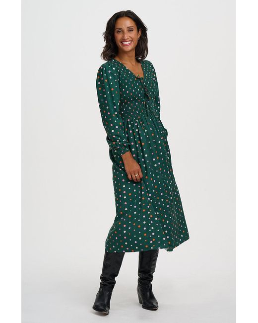 Sugarhill Green Kasia Shirred Midi Dress Dark Dots