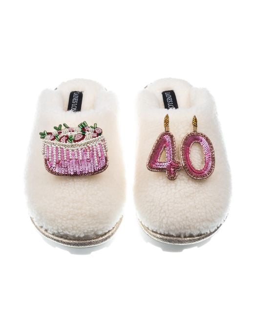 Laines London Pink Teddy Closed Toe Slippers With 40Th Birthday & Cake Brooches