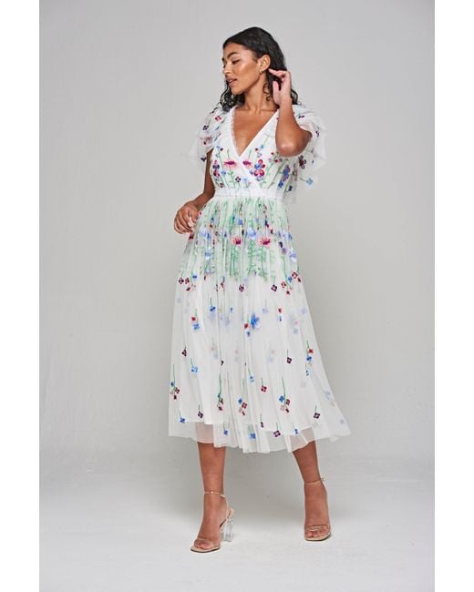 Frock and Frill Gray Suzette Floral Embroidered Midi Dress