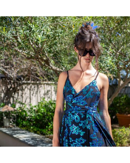 Jennafer Grace Blue Absinthia Fringe Faux Wrap Dress