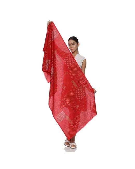 Heritagemoda Red Handwoven Wool Scarf With Metallic Block Print