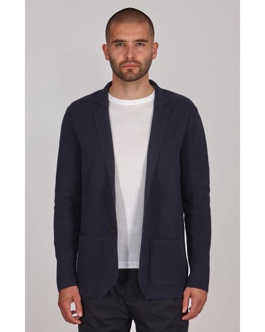 Paul James Knitwear Blue Lightweight Organic Cotton Linen Luca Knitted Blazer for men