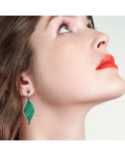 Artisan Green Natural Malachite Dangle Earrings 18k White Gold Diamond