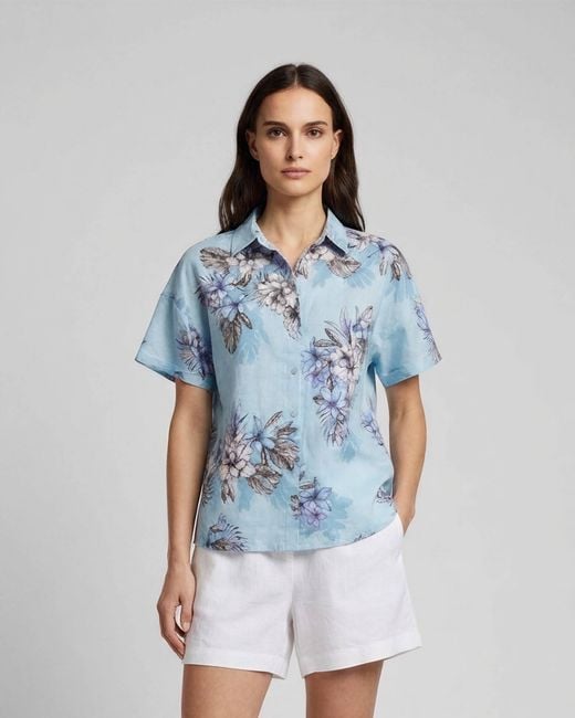 Lords of Harlech Blue Lara Exotic Floral Linen Printed Shirt