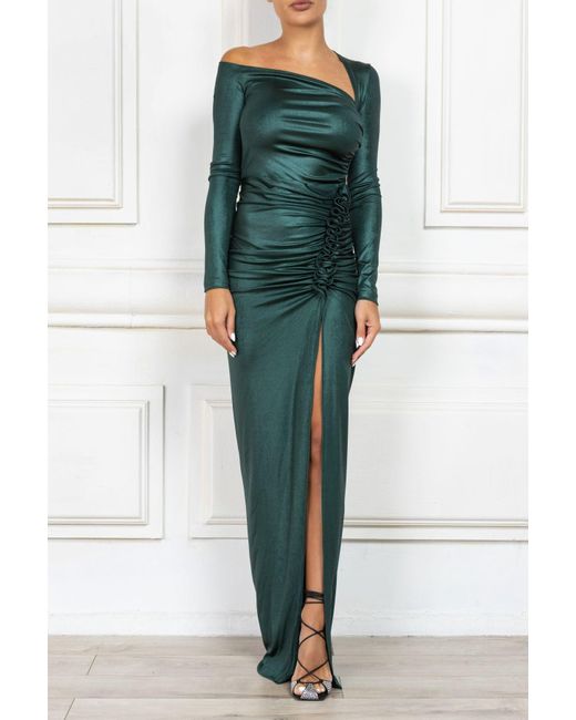 Cliché Reborn Green Maxi Asymmetric Long Sleeve Dress With Ruched Detail In