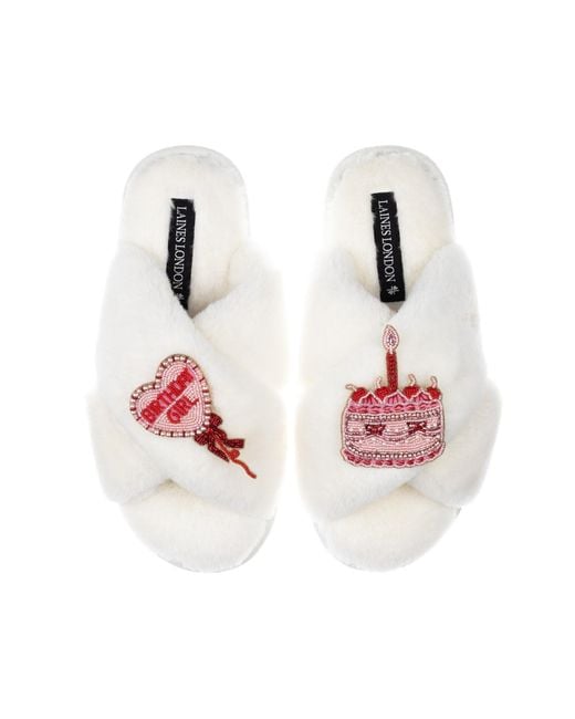 Laines London Pink Neutrals Classic Laines Slippers With Birthday Girl Brooches