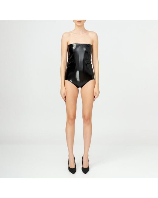 LIA ARAM Black Faux-Leather Bustier-Style Bodysuit