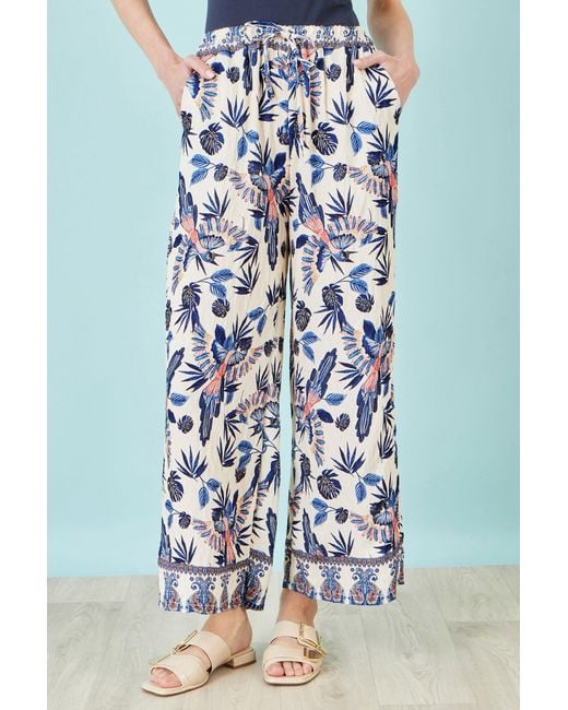 Yumi' Blue Bird Print Viscose Wide Leg Trousers