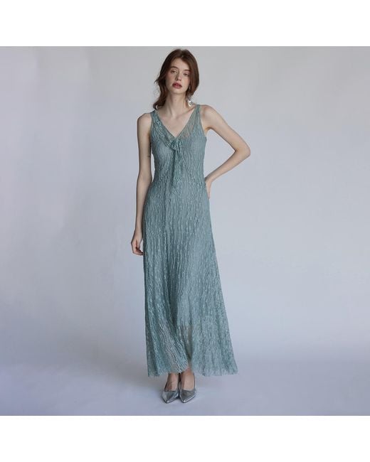 Belsize25 Blue Trumpet Dress Flared Sleeveless Sheer Lace Knit Dress