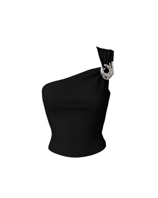 London Atelier Byproduct Black One Shoulder Top With Brooch
