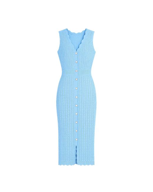 Yumi' Blue Scallop Edge Crochet Knitted Midi Dress