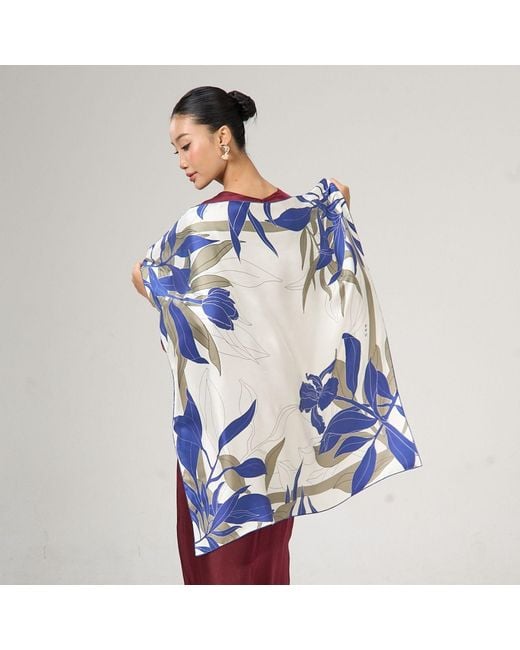 Silk and Bears Blue Botanical Silk Twill Scarf – Hand-Rolled Edges, Ivory