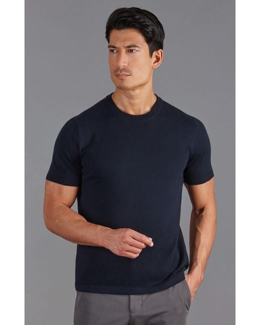 Paul James Knitwear Blue Midweight Julius Cotton Knitted T-Shirt for men